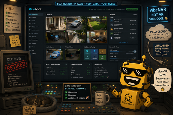 SiliconSnark's robot reviews VibeNVR in a self-hosted camera control room with local recordings, event timelines, privacy masks, and home automation integrations.