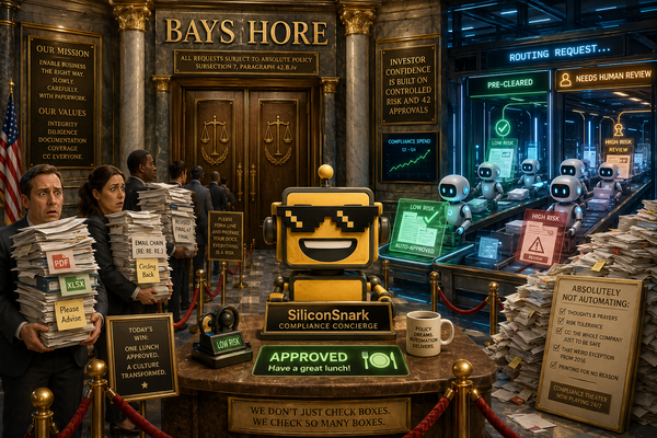 SiliconSnark robot runs a futuristic compliance front desk while AI agents sort piles of corporate paperwork behind it.