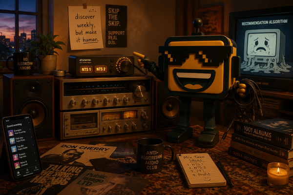 SiliconSnark’s robot admires the NTS Radio Player perched on a vintage stereo in a cozy listening room.