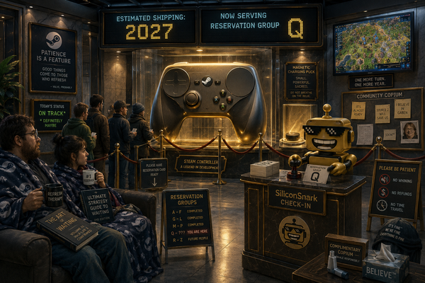 SiliconSnark’s robot manages a futuristic queue for Valve’s Steam Controller while gamers wait under a 2027 shipping sign.