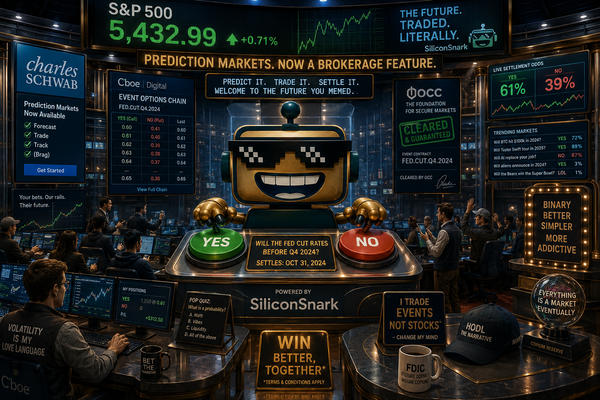 SiliconSnark robot in a brokerage control room turning S&P 500 prediction trades into a button-driven market game.