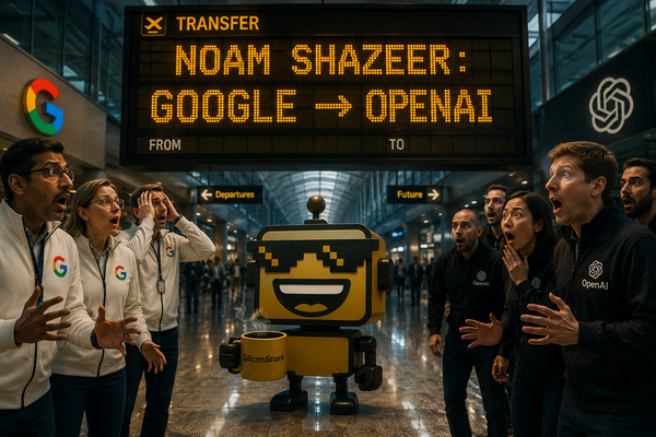 The SiliconSnark robot watches an arrivals board announce Noam Shazeer's transfer from Google to OpenAI while executives on both sides react with shock.
