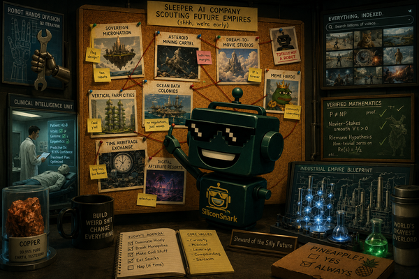 SiliconSnark robot studies sleeper AI companies across robotics, medicine, mining, chemistry, video, and math.