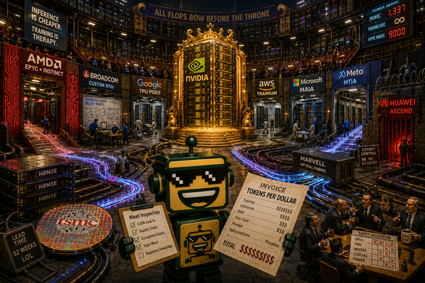 SiliconSnark robot watches NVIDIA's AI chip throne surrounded by AMD, Broadcom, hyperscaler, and Huawei challengers.