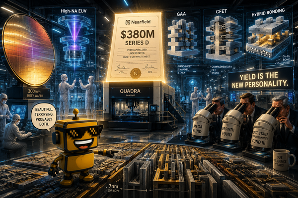 SiliconSnark robot stands in a futuristic chip fab as Nearfield celebrates a $380 million funding round for semiconductor inspection tools.