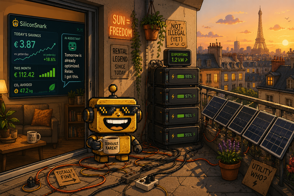 SiliconSnark's robot stands on a solar-equipped apartment balcony beside a stack of smart home batteries.