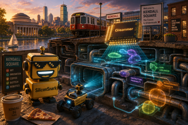 SiliconSnark robot watches a tiny MIT robot navigate a glowing HVAC maze under Cambridge using the Gleanmer chip.
