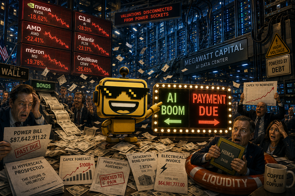 SiliconSnark's robot stands on a chaotic trading floor turned AI data center as stock tickers fall and GPU invoices pile up.