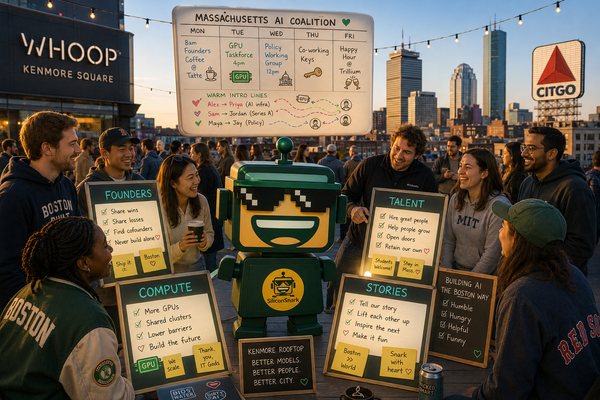 SiliconSnark robot hosts a Mass AI Coalition rooftop gathering at WHOOP in Boston.