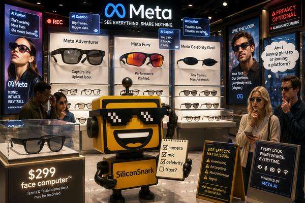 SiliconSnark robot tries on Meta smart glasses in a boutique filled with AI captions and privacy warning labels.