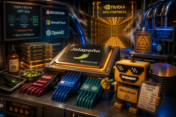 SiliconSnark robot inspects a Jalapeño inference chip inside a large AI data center.