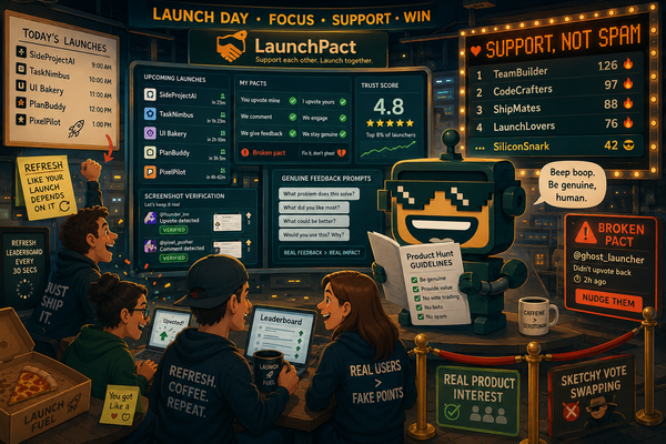 SiliconSnark's robot reviews LaunchPact beside Product Hunt launch pacts, trust scores, and screenshot verification.