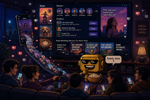 SiliconSnark's robot watches Instagram Reels take over a living room TV while friends try to treat it like normal entertainment.