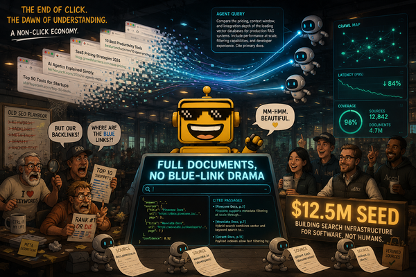 SiliconSnark's robot stands in a futuristic search lab as AI agents replace blue links with structured web data.