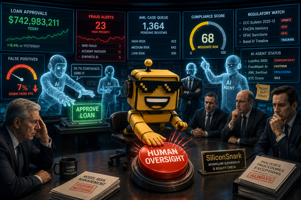 SiliconSnark robot supervises AI agents making loan and fraud decisions in a futuristic bank control room.