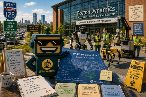 SiliconSnark robot outside Boston Dynamics' new Waltham robotics center with Atlas, Spot, and Stretch arriving.
