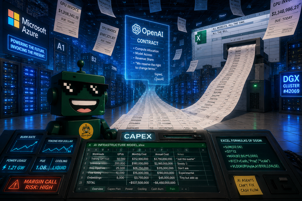 SiliconSnark robot reviews a giant AI infrastructure bill inside a glowing Microsoft data center.