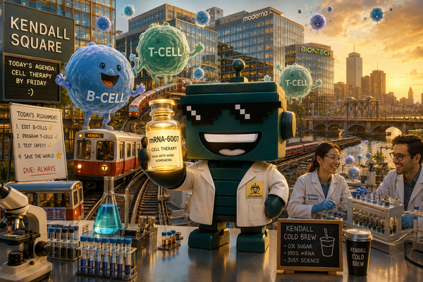 SiliconSnark robot in Kendall Square holding an mRNA-6007 vial as giant immune cells float above Cambridge labs.
