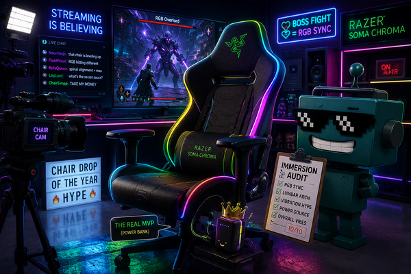 SiliconSnark’s robot inspects Razer’s glowing Soma Chroma gaming chair in a neon streaming setup.