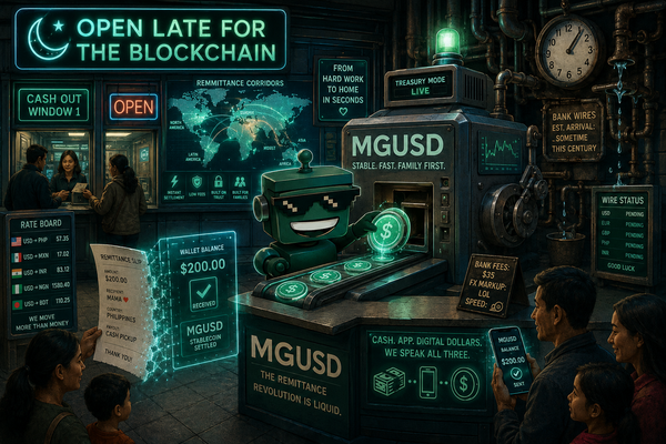 SiliconSnark robot in a remittance counter turning cash transfers into digital dollar balances.