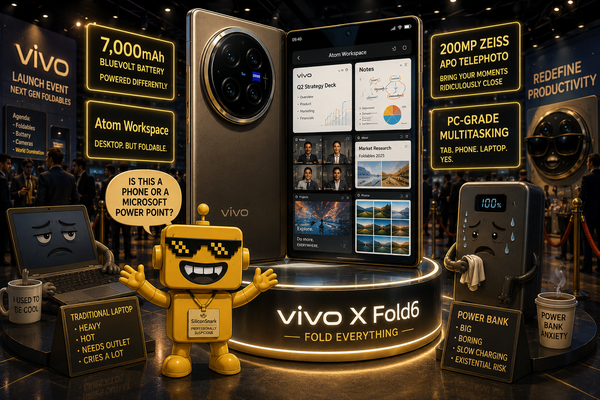 SiliconSnark robot reacts to vivo's X Fold6 unfolding into a battery-heavy productivity showpiece.