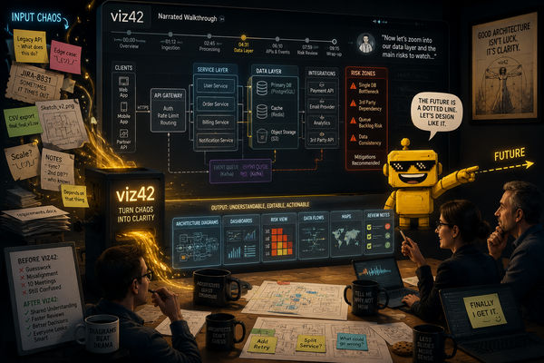 SiliconSnark's robot reviews viz42 as messy specs become narrated architecture diagrams, dashboards, charts, and maps.