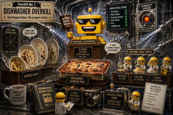 SiliconSnark robot judges dirty dishes inside a cutaway dishwasher for the first Overkill article.