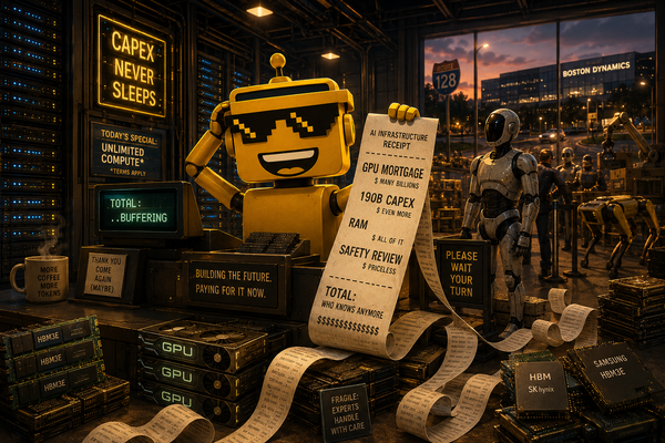 The SiliconSnark robot holds a giant receipt at a data-center cash register as chips, GPUs, and a humanoid robot wait in line.