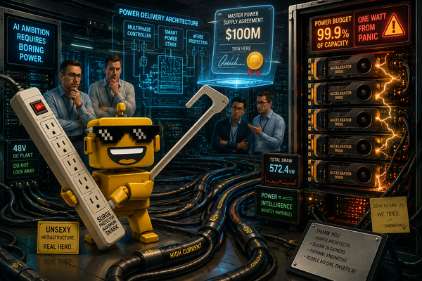 SiliconSnark's robot stands in an AI data center guarding a giant power module after Reed Semiconductor's $100 million funding round.