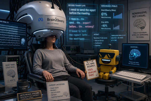  SiliconSnark robot watches a volunteer under a giant brain-scanning helmet as AI decodes text in a research lab.