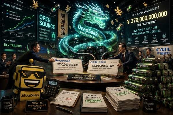 SiliconSnark’s robot watches DeepSeek’s giant AI funding round unfold in a futuristic boardroom full of batteries, servers, and oversized checks.