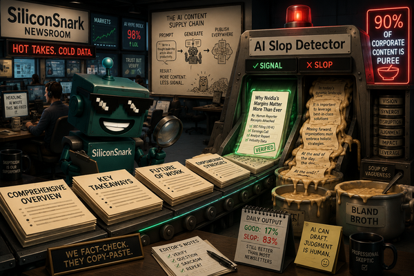 SiliconSnark robot scans bland AI documents with an AI Slop Detector in a satirical newsroom.