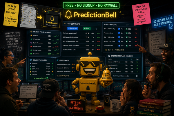SiliconSnark robot in a prediction-markets trading hub, monitoring probability dashboards and sports-arbitrage charts.