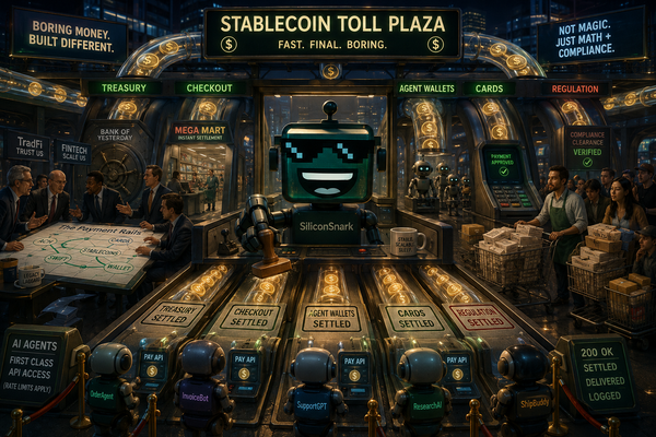 SiliconSnark robot runs a toll plaza where stablecoin dollars flow into payments, cards, banks, and AI systems.