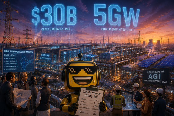 SiliconSnark’s robot reacts to a gigantic AI data center buildout in India marked by $30 billion and 5GW signs.
