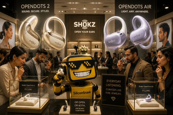SiliconSnark's robot reacts to clip-on Shokz earbuds displayed like luxury jewelry in a bright audio showroom.