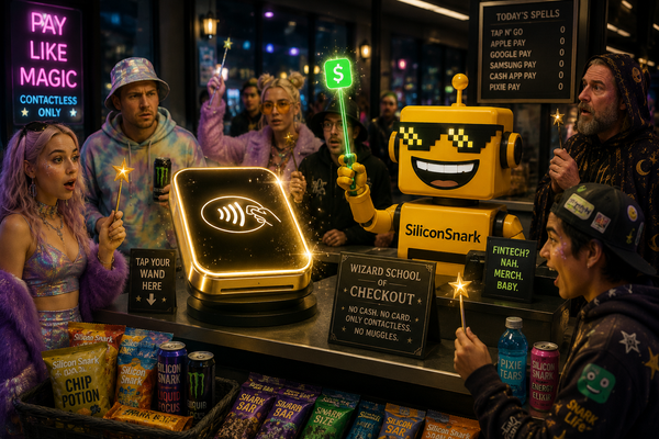 SiliconSnark robot watches shoppers use star-tipped payment wands at a glowing contactless checkout counter.