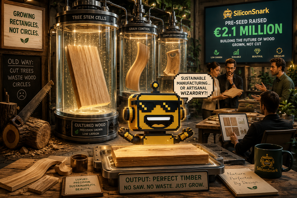 SiliconSnark’s robot watches cultured wood emerge from a bioreactor in a stylish lab after New Dawn Bio’s pre-seed round.