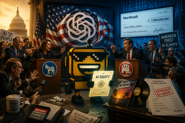 SiliconSnark robot stands between political podiums holding an AI equity document, surrounded by OpenAI branding, a DeepSeek funding check, and a vinyl copy of Agentic Summer.