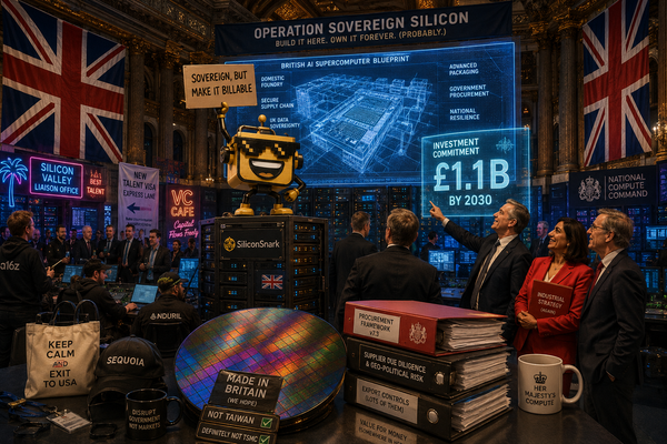 SiliconSnark’s robot reacts to Britain’s £1.1 billion AI hardware plan in a theatrical London compute command center.