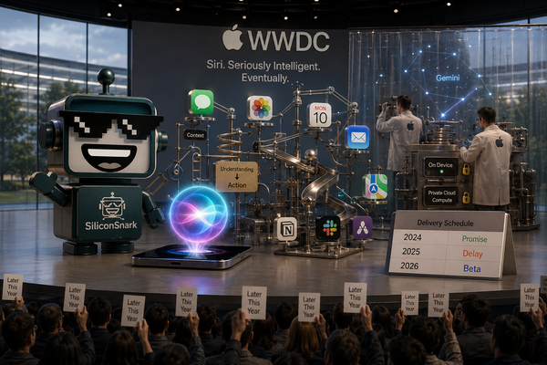 SiliconSnark robot presents Siri AI at WWDC as Gemini powers app actions behind a privacy curtain.