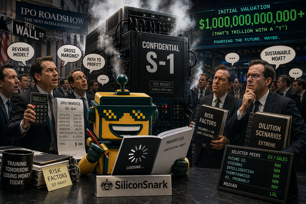 SiliconSnark's robot reviews OpenAI's confidential S-1 beside Wall Street analysts and a steaming AI server.