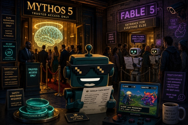 SiliconSnark robot studies an AI invoice outside separate velvet-rope entrances for Claude Fable 5 and Mythos 5.