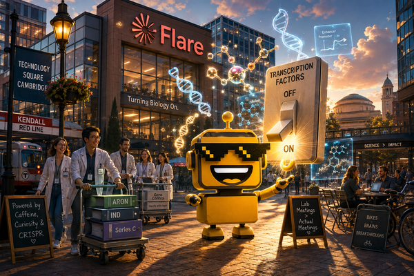 SiliconSnark robot in Cambridge flips a giant transcription-factor switch outside a biotech lab.
