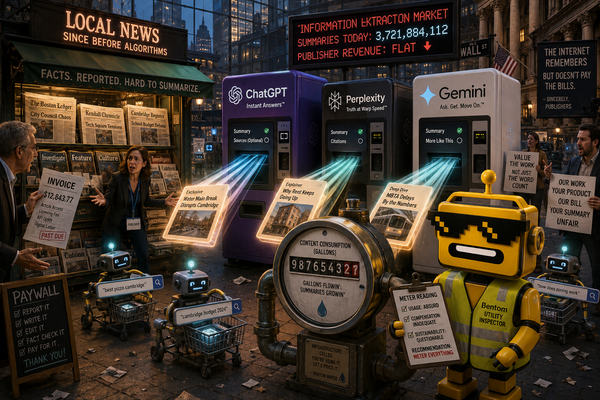 SiliconSnark's robot inspects a giant meter as AI answer machines pull articles from a crowded digital newsstand.