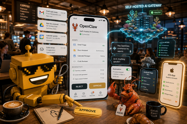 SiliconSnark's robot eyes the new OpenClaw mobile app in a coffee shop while AI approval prompts and self-hosted automation tasks float around a phone.