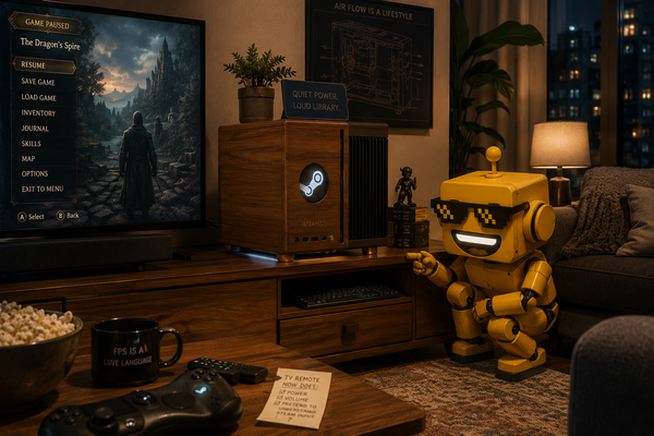 SiliconSnark's robot inspects a wood-trimmed SteamOS gaming desktop in a living room beside a TV and controller.