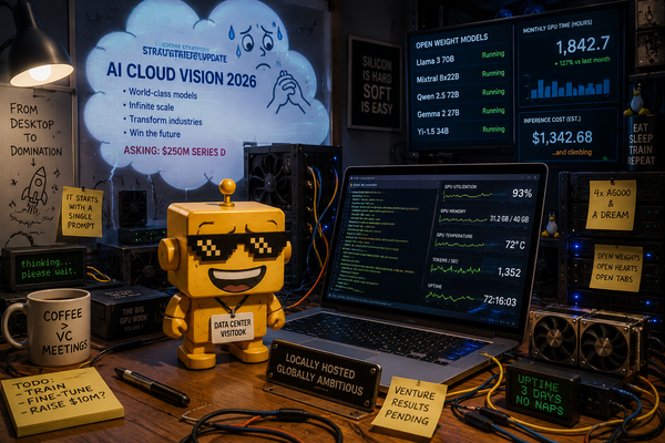 SiliconSnark robot watches a laptop dressed up like a tiny AI data center.