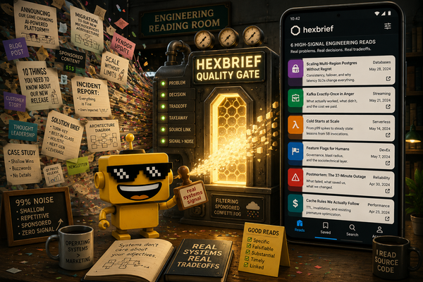 SiliconSnark's robot reviews Hexbrief as noisy engineering blog posts are filtered into six structured technical reads.