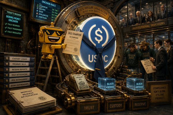 SiliconSnark robot stands next to USDC fan 